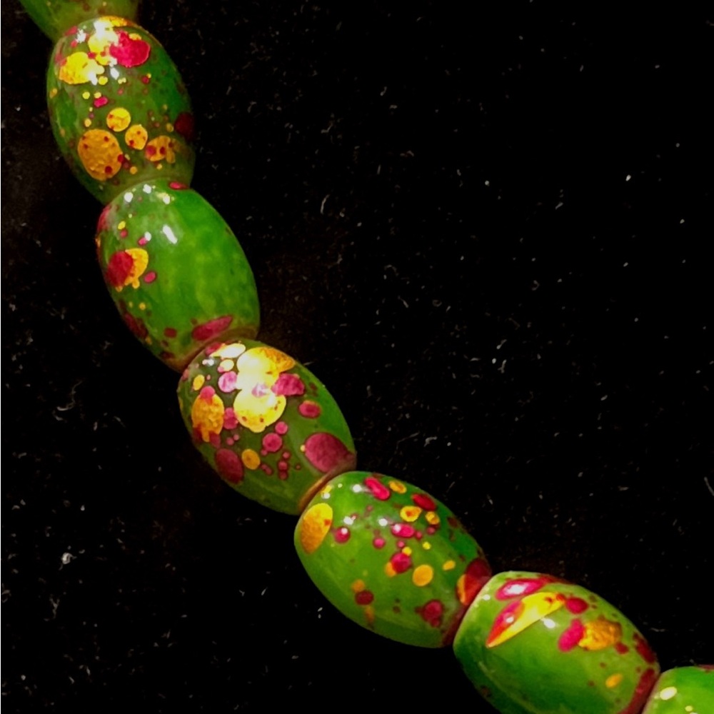 Vibrant Green Painted Glass Bead Necklace with Gold and Red Accents - Picture 2 of 3